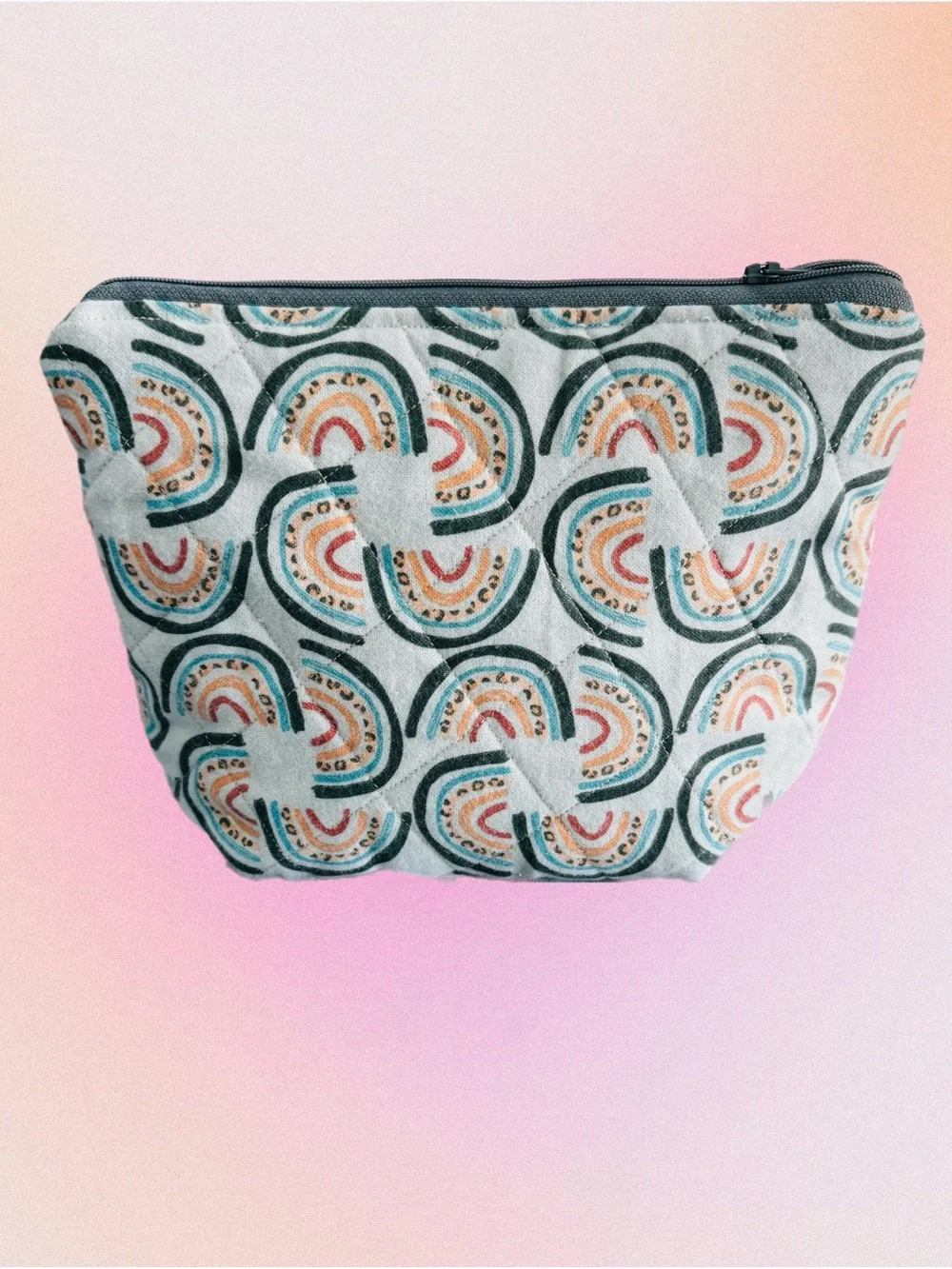 Quilted Cotton Zipper Pouch – Boho Rainbow Makeup Bag, Floral Lined Travel Case